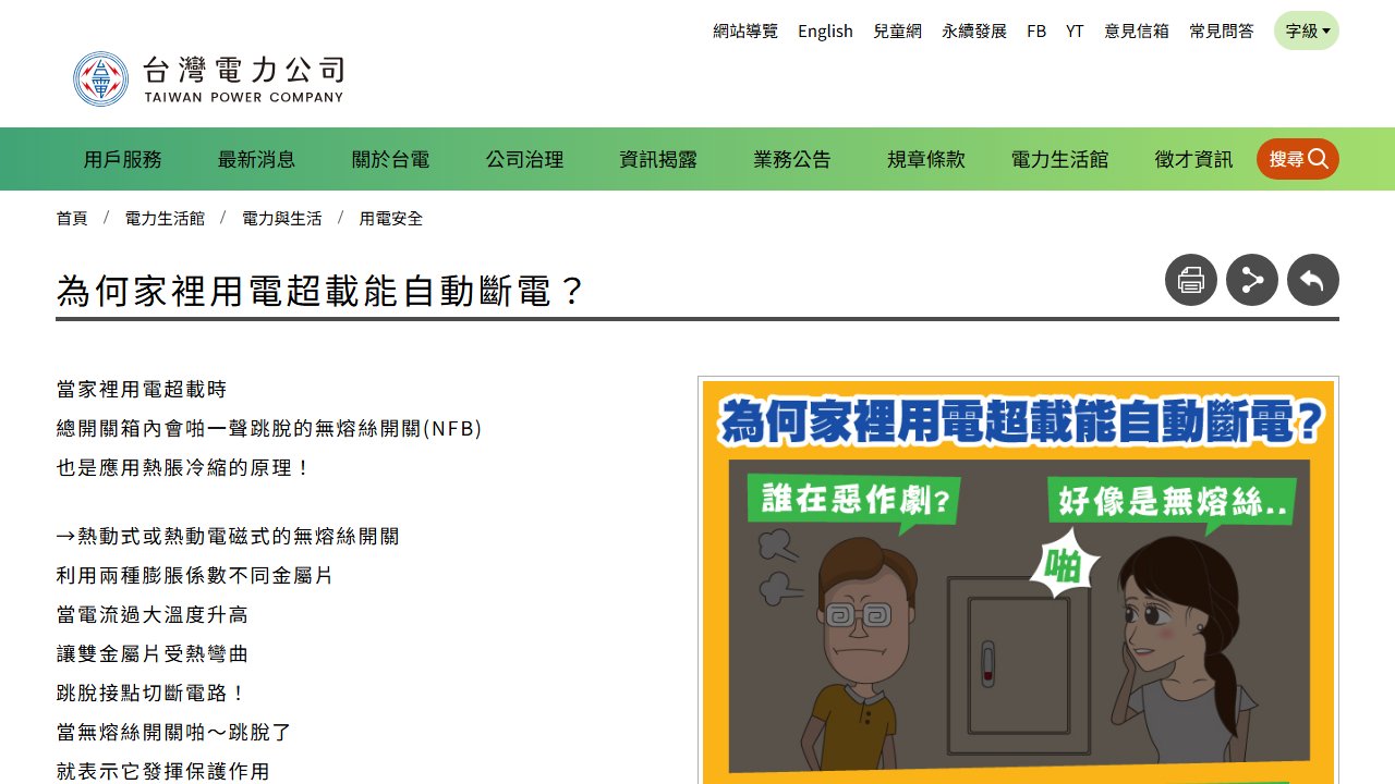 taipower.com.tw 官方頁面截圖:台灣電力公司-用電安全-為何家裡用電超載能自動斷電?
